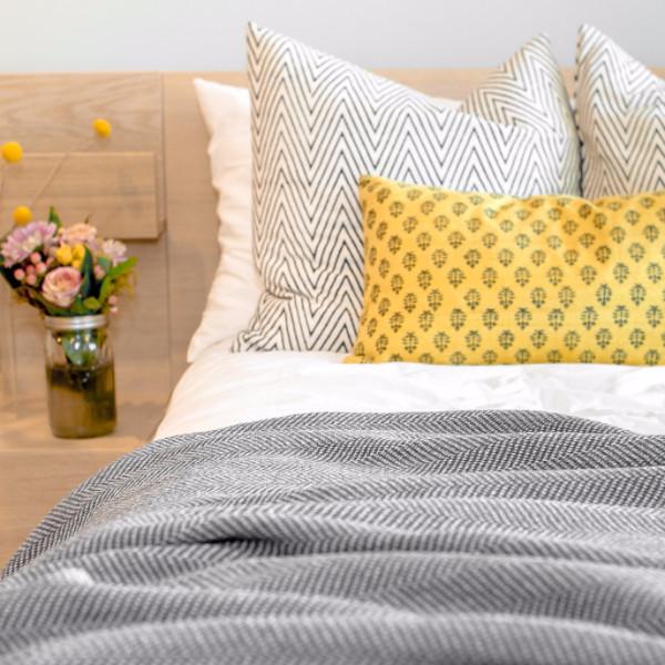 Eco-Friendly Made in USA Gray Herringbone Blanket with soft woven texture, 50x60 inches.