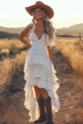 Ivory Ruffled High Low Western Wedding Dress Boho A Line Spaghetti Straps V-Neck Ruched Cocktail Dress