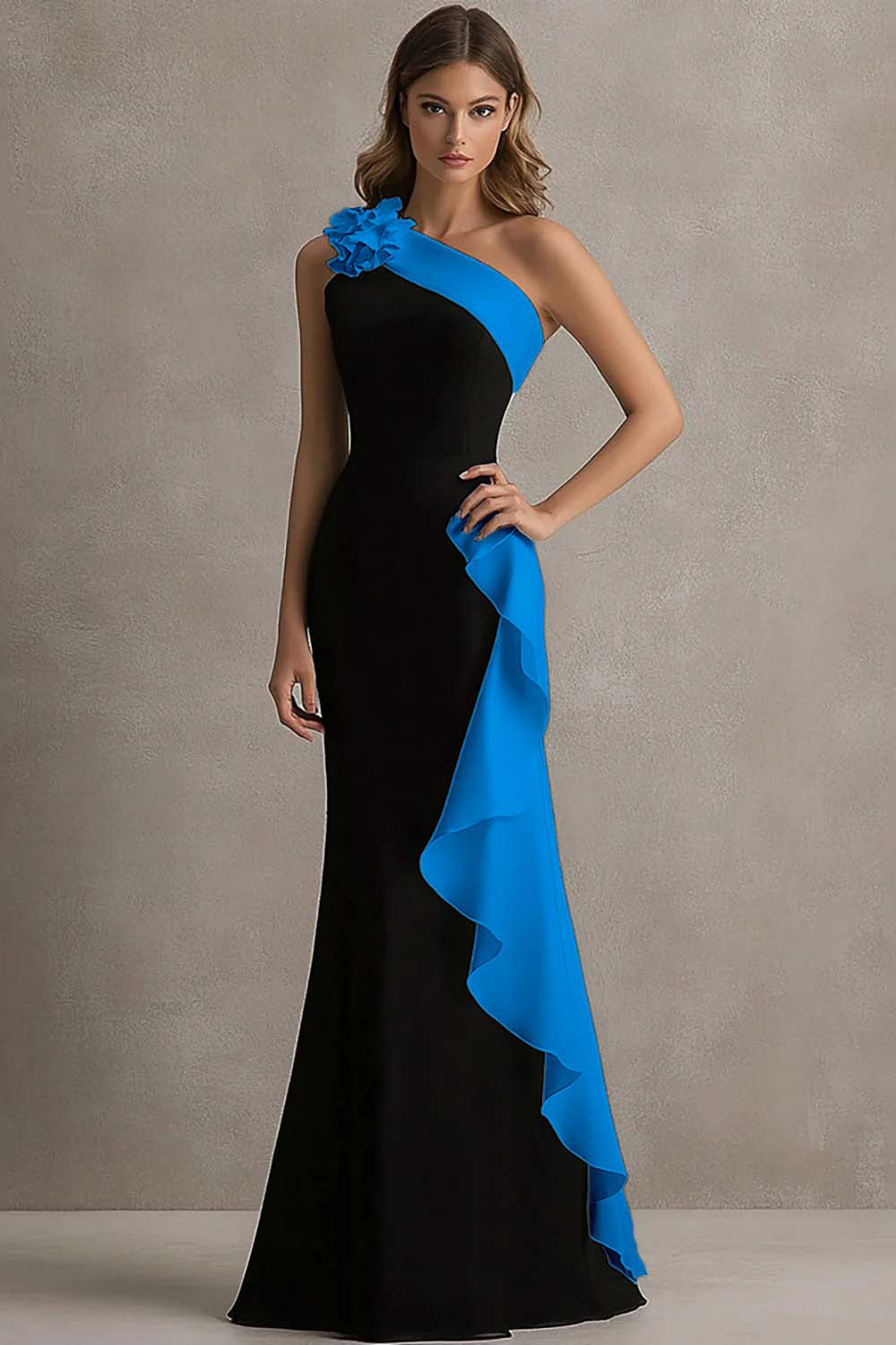 Black White One Shoulder Long Black Tie Dress with 3D Flowers Mermaid Ruffled Black and White Formal Dress