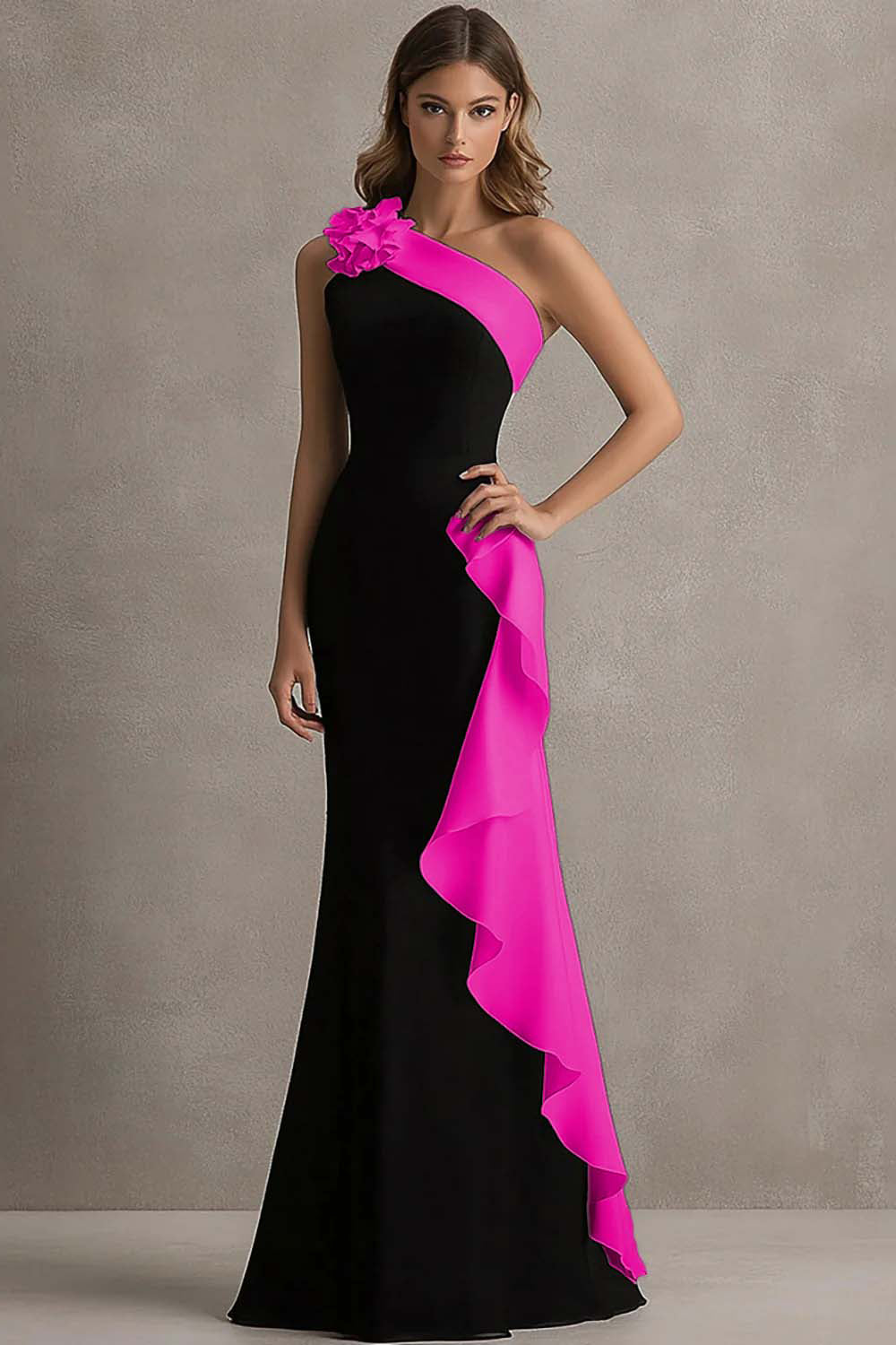 Black White One Shoulder Long Black Tie Dress with 3D Flowers Mermaid Ruffled Black and White Formal Dress