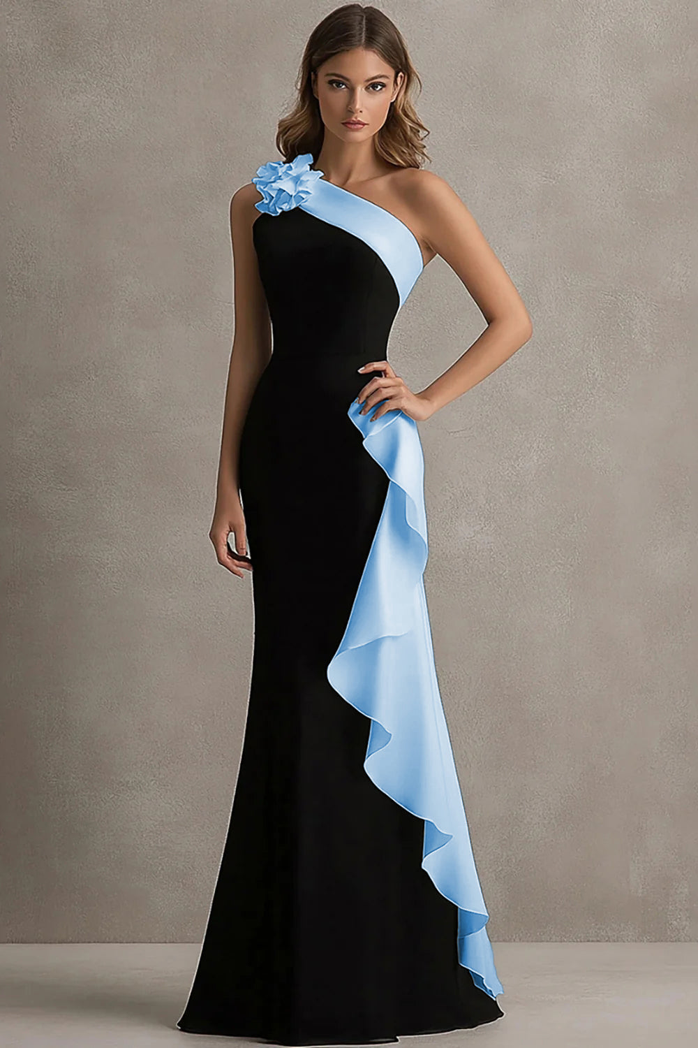 Black White One Shoulder Long Black Tie Dress with 3D Flowers Mermaid Ruffled Black and White Formal Dress