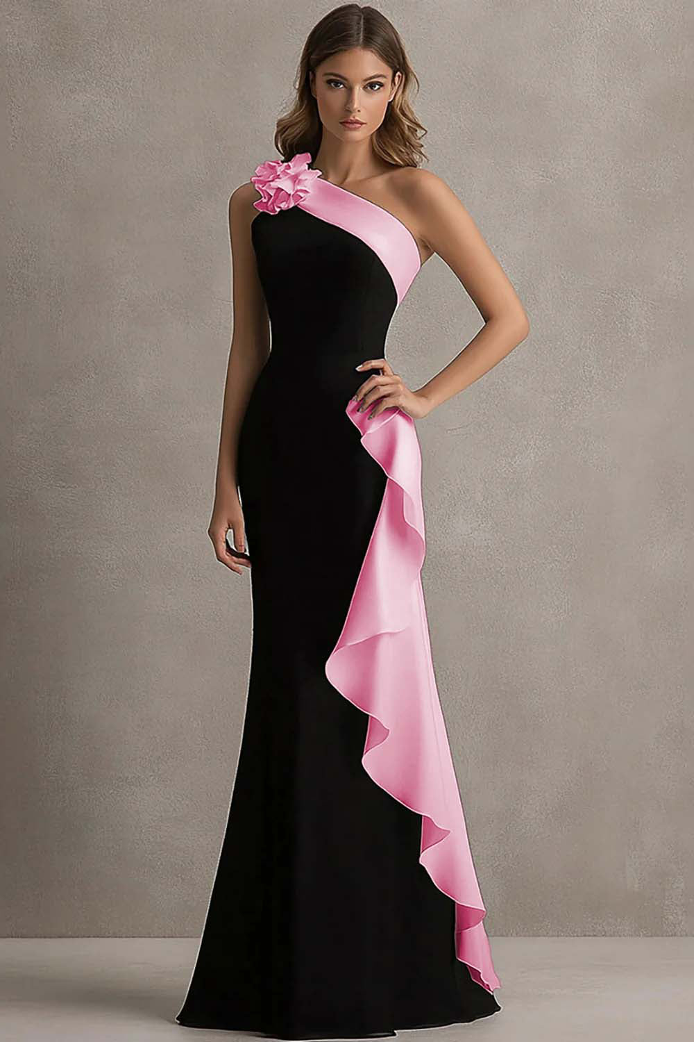 Black White One Shoulder Long Black Tie Dress with 3D Flowers Mermaid Ruffled Black and White Formal Dress