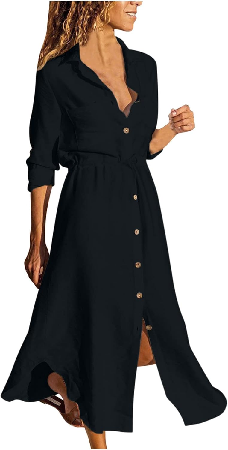 FZYLQY Women's Long Sleeve Button Down Tunic Dresses Casual Loose Maxi Dresses Notched Lapel A-Line Safari Shirt Dress