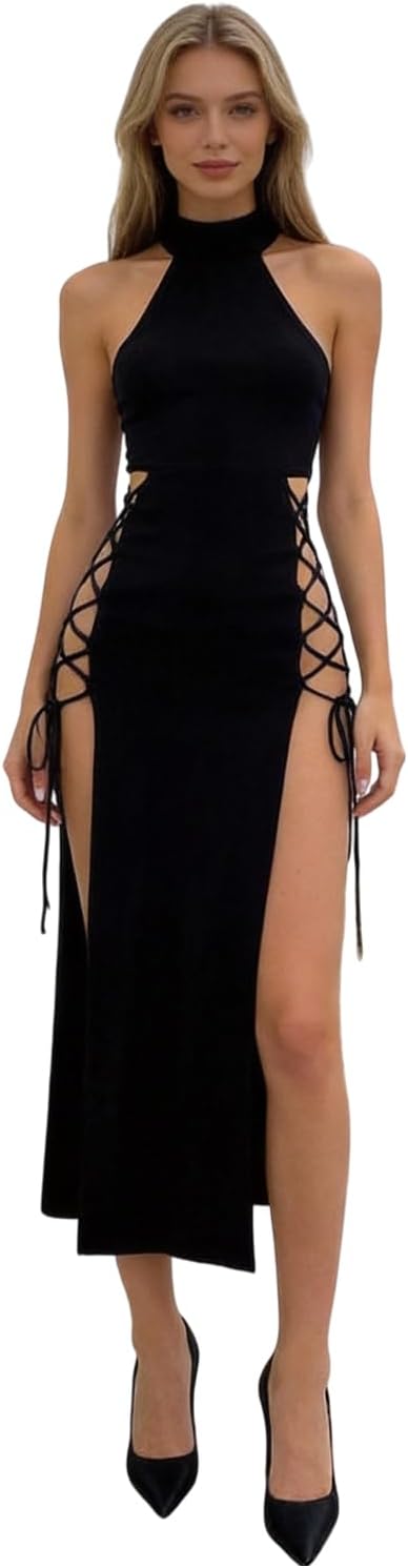 Women Halter Neck Long Dress Sexy Cut Out Side Split Lace Up Straps Sleeveless Bodycon Maxi Dresses Cocktail Party Dress