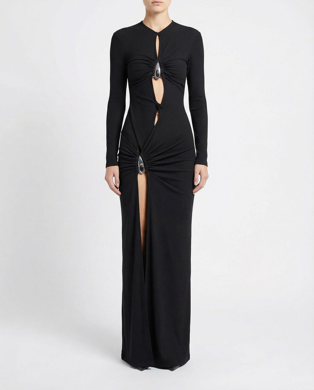 Crystal‑pendant open‑twist midi dress