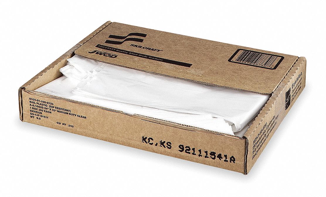 AbilityOne Trash Bag, 33 gal., LLDPE, Flat Pack, Clear, PK 100 - 8105-01-517-1355