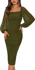 MASCOMODA Women's 2026 Long Puff Sleeve Ruched Midi Bodycon Dress Sexy Mesh Wedding Guest Party Cocktail Dresses