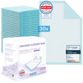 A stack of 30 blue ARNOMED SUPERDRY PLUS extra-absorbent hospital pads with SAP from ARNOWA GmbH is shown next to the packaging, which displays visible certification and quality seals; a superabsorbent pad is visible in the upper right corner.