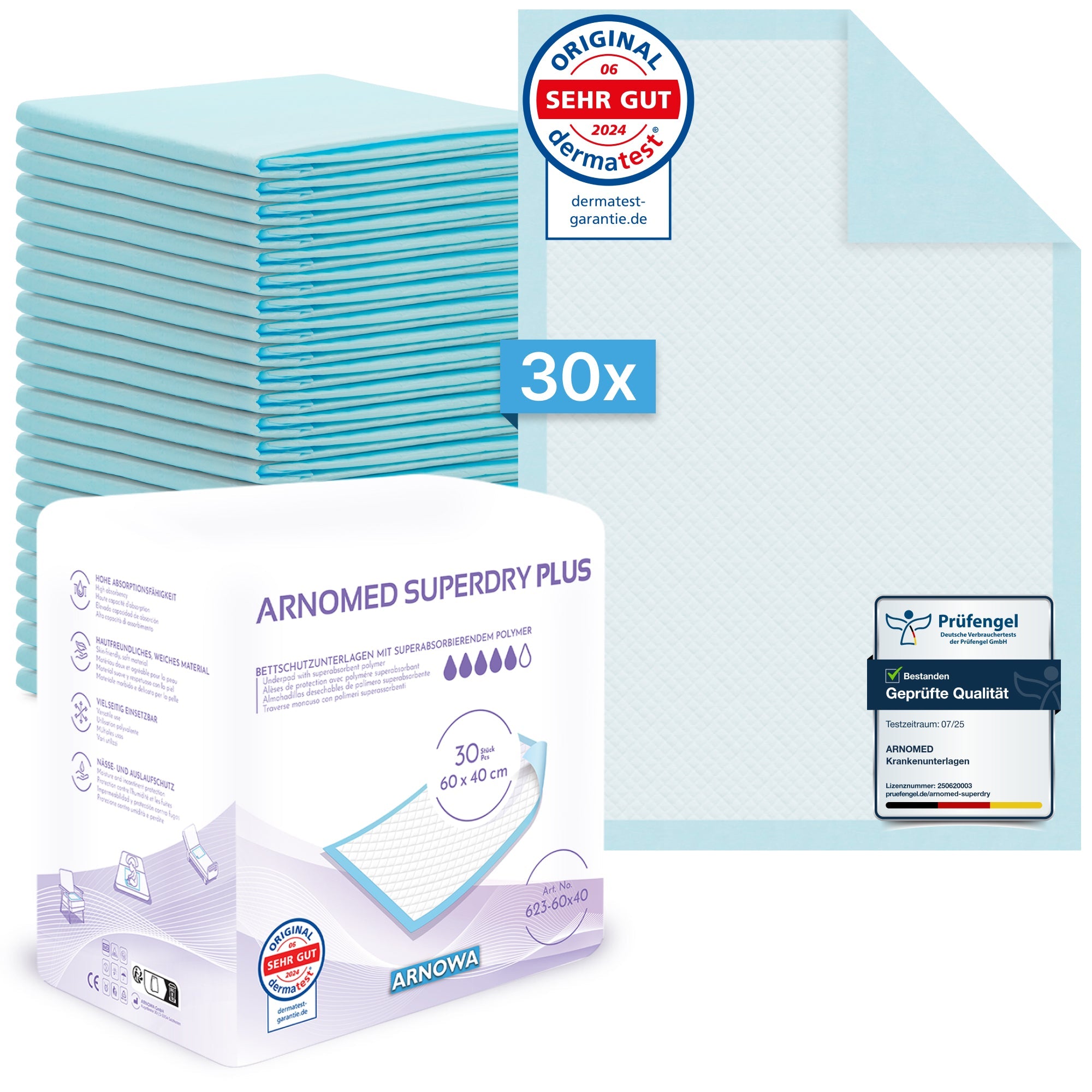 A stack of 30 blue ARNOMED SUPERDRY PLUS extra-absorbent hospital pads with SAP from ARNOWA GmbH is shown next to the packaging, which displays visible certification and quality seals; a superabsorbent pad is visible in the upper right corner.