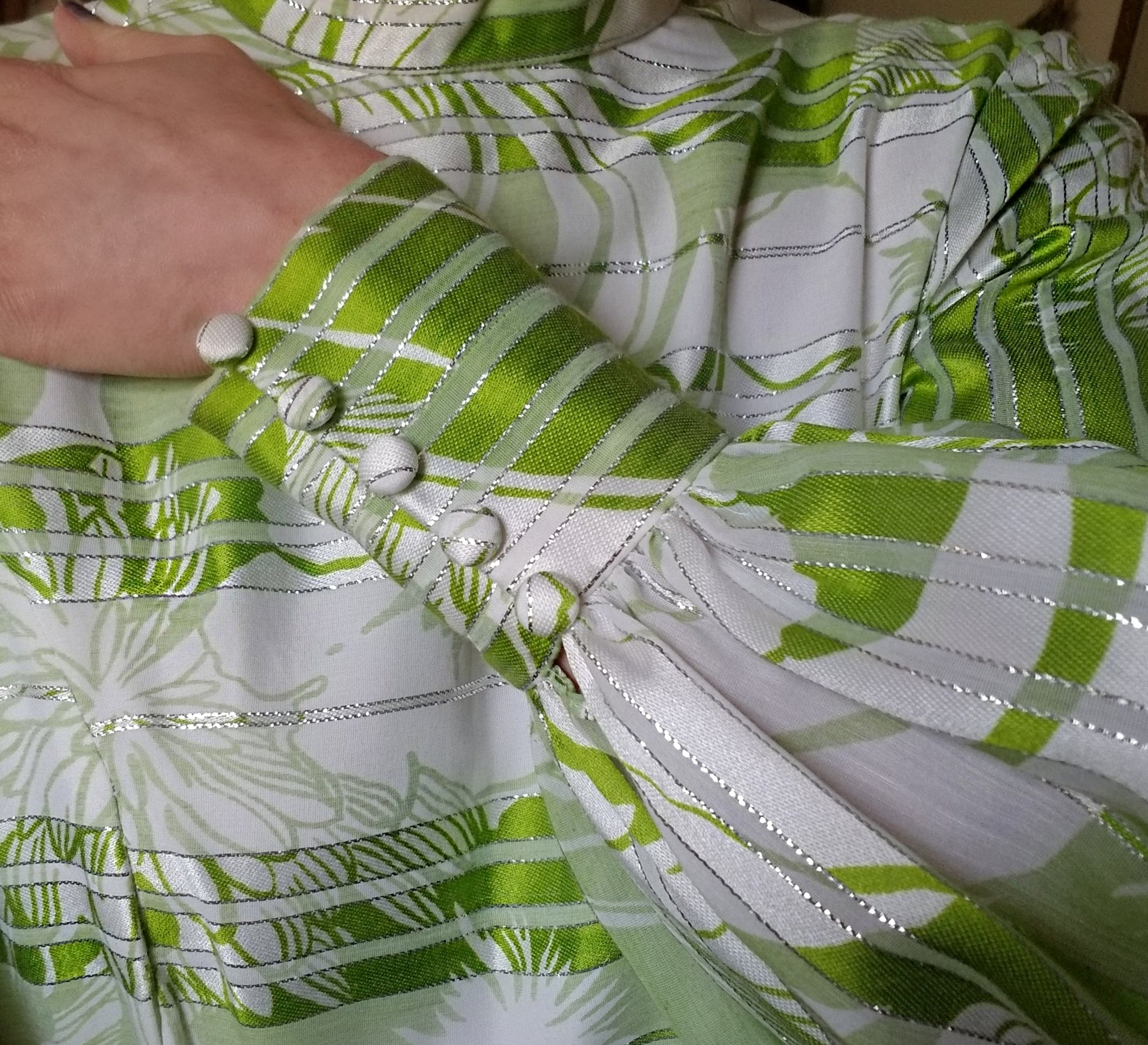 70's Spring Green Floral and Striped Balloon Sleeve Gown by Millie Parnis Boutique