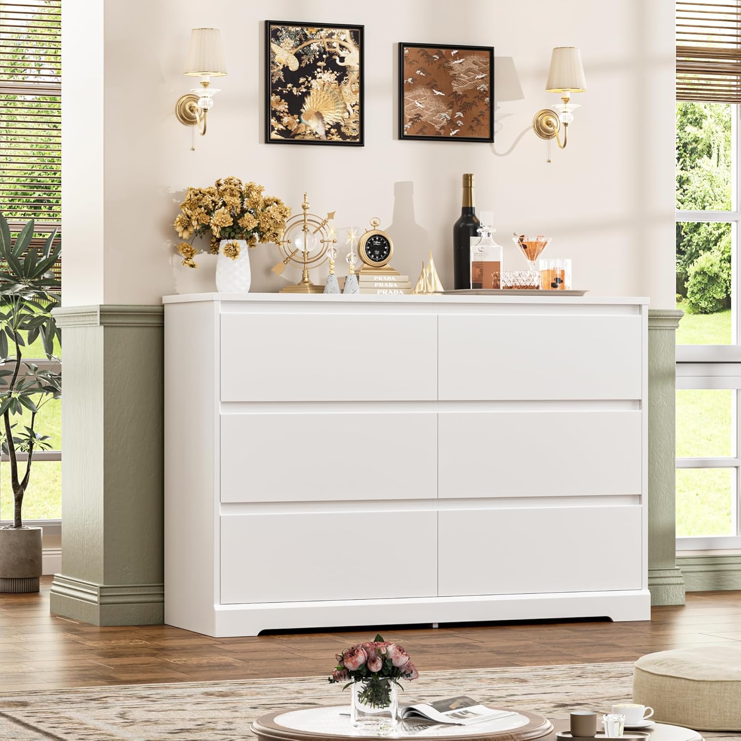 FOTOSOK White Dresser, 47.2" W Tall White Dresser for Bedroom, Modern Wood Chest with Deep Drawers, Chest of Drawers for Living Room Nursery