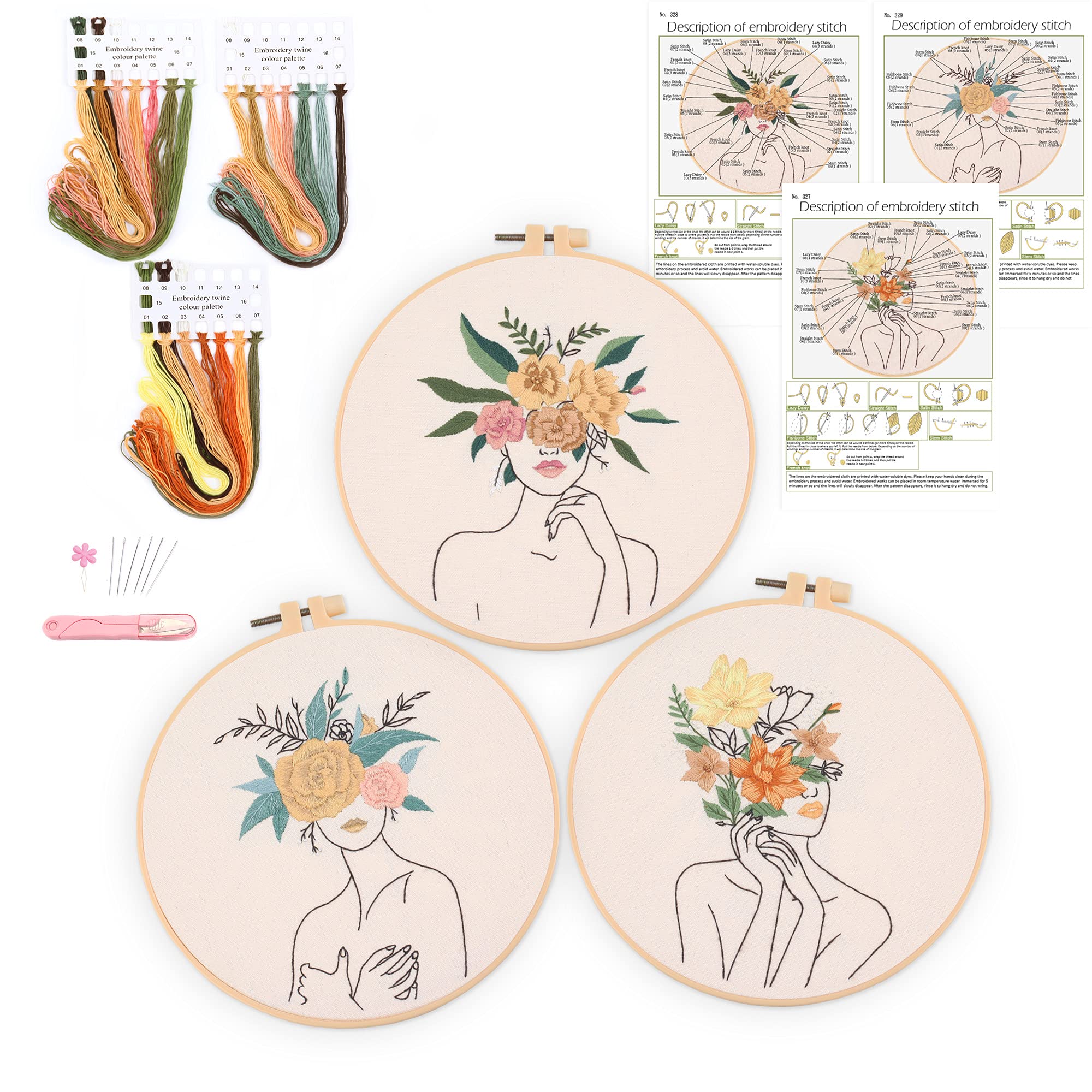 Harimau 3 in Beginner Embroidery Kit,Floral Plant Pattern,Cross Stitch Kits, Including Stamped Embroidery Cloth with 3 Embroidery Hoops, Color Threads and Embroidery Kits