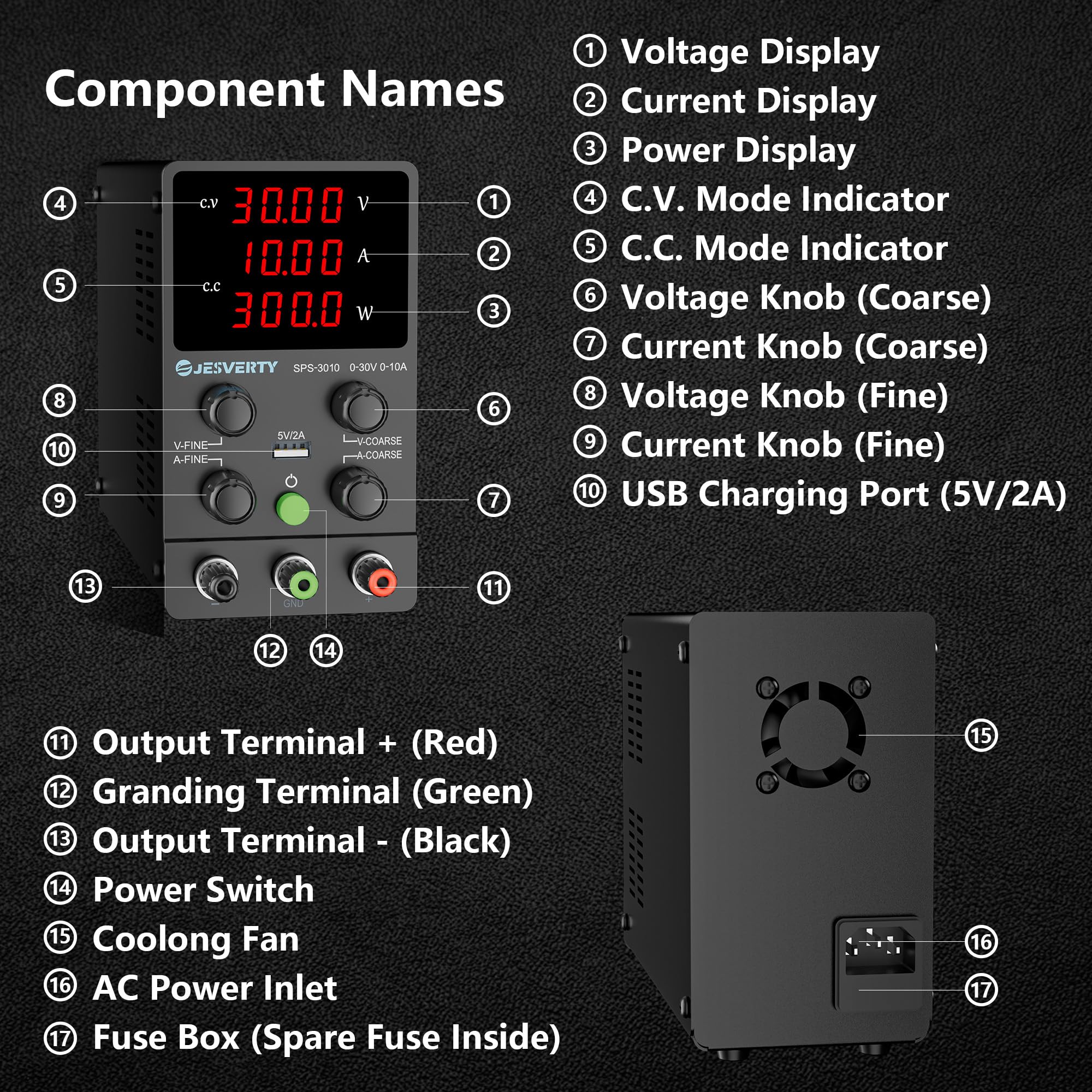 Jesverty DC Power Supply Variable, 0-30V 0-10A Adjustable Switching DC Regulated Bench Power Supply with High Precision 4-Digit LED Display, 5V/2A USB Port, Coarse and Fine Adjustment SPS-3010