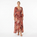 ROSE FLORAL WRAP MIDI DRESS – LONG SLEEVE V-NECK RUFFLE HEM ELEGANT OCCASION DRESS