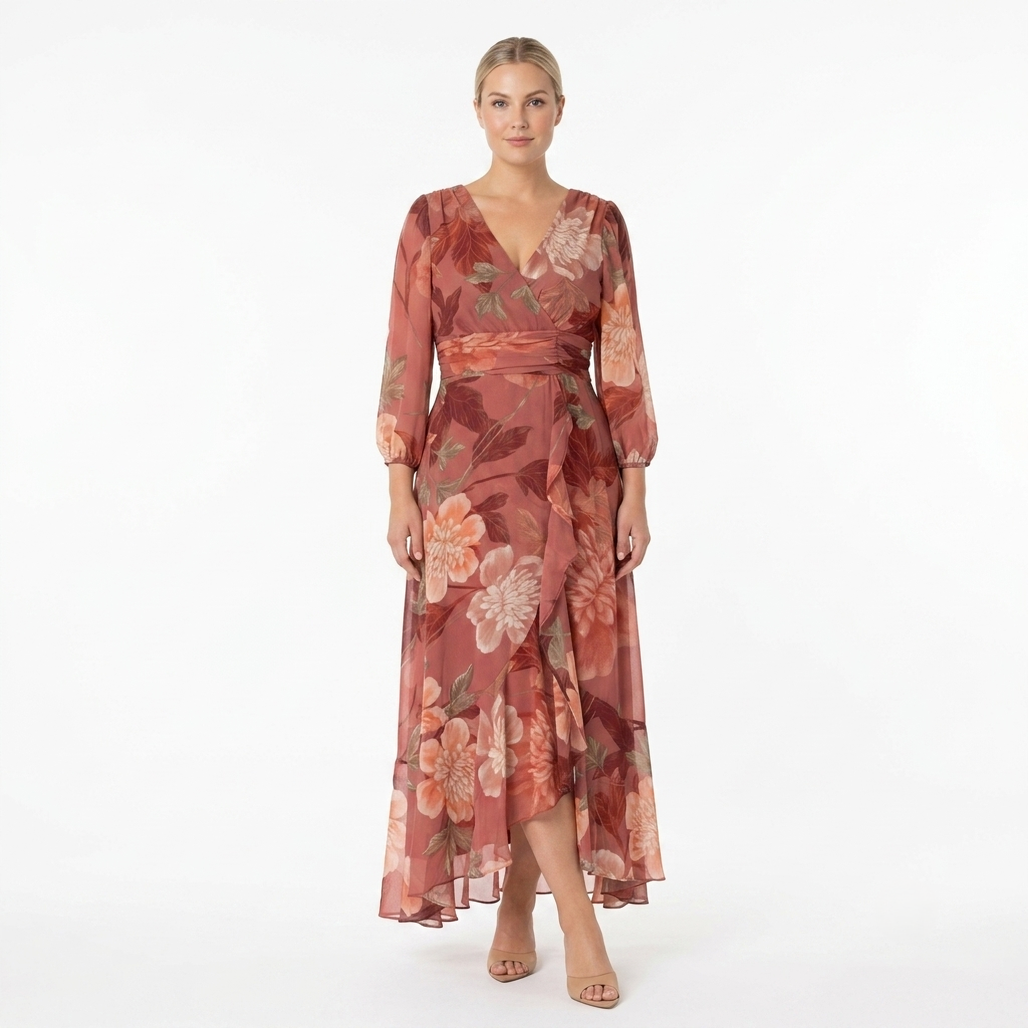 ROSE FLORAL WRAP MIDI DRESS – LONG SLEEVE V-NECK RUFFLE HEM ELEGANT OCCASION DRESS