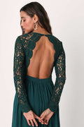 Forest Green Dress - Maxi Dress - Lace Dress - Long Sleeve Dress