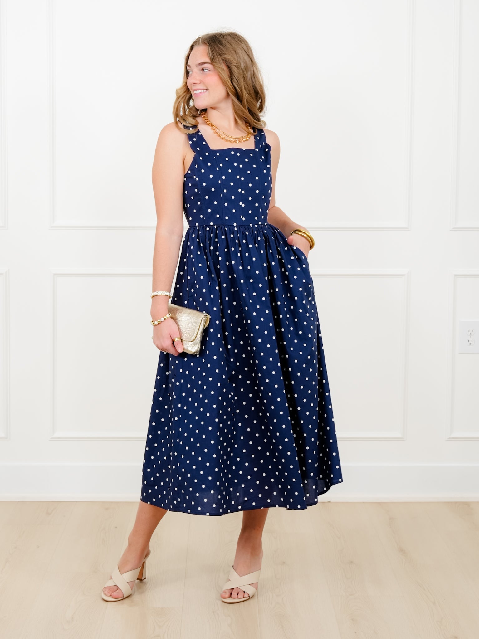 Polka Dot Sleeveless Square Neck Midi Dress