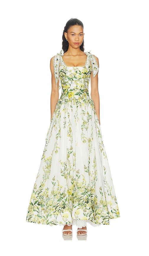 Alice + Olivia Haven Flared Maxi Dress in Fresh Air Butter
