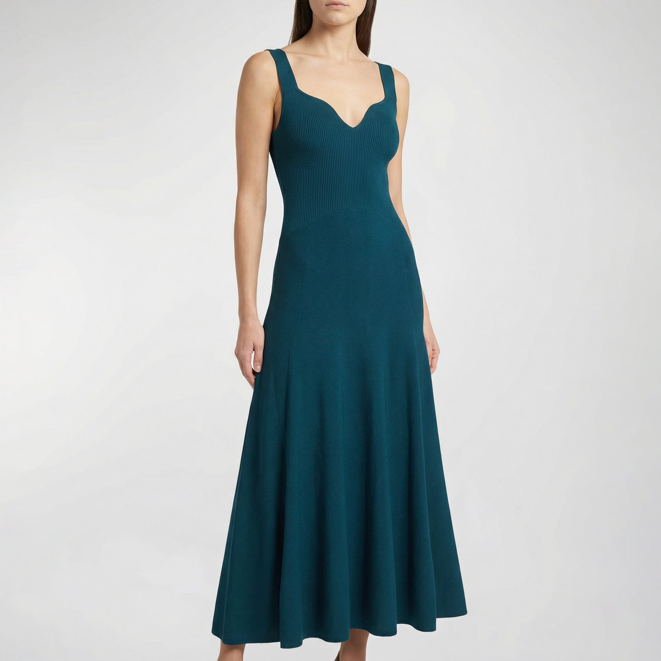 Flared rib knit midi dress
