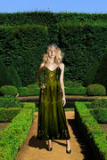 V Neck Slip Dress-Siamese Skull CATHEDRAL PATTERN-New Orleans-Color ARMY GREEN, Olive GREEN