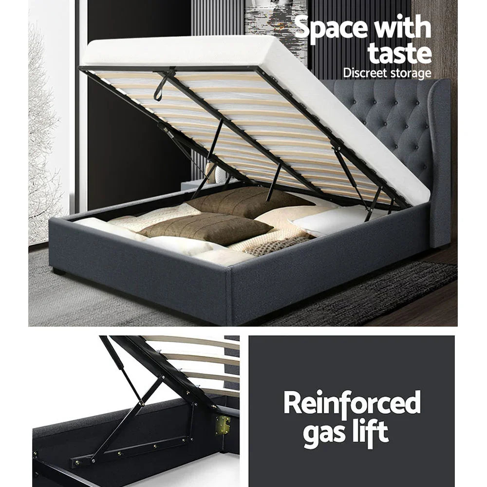 Artiss Issa Bed Frame Fabric Gas Lift Storage Charcoal Queen