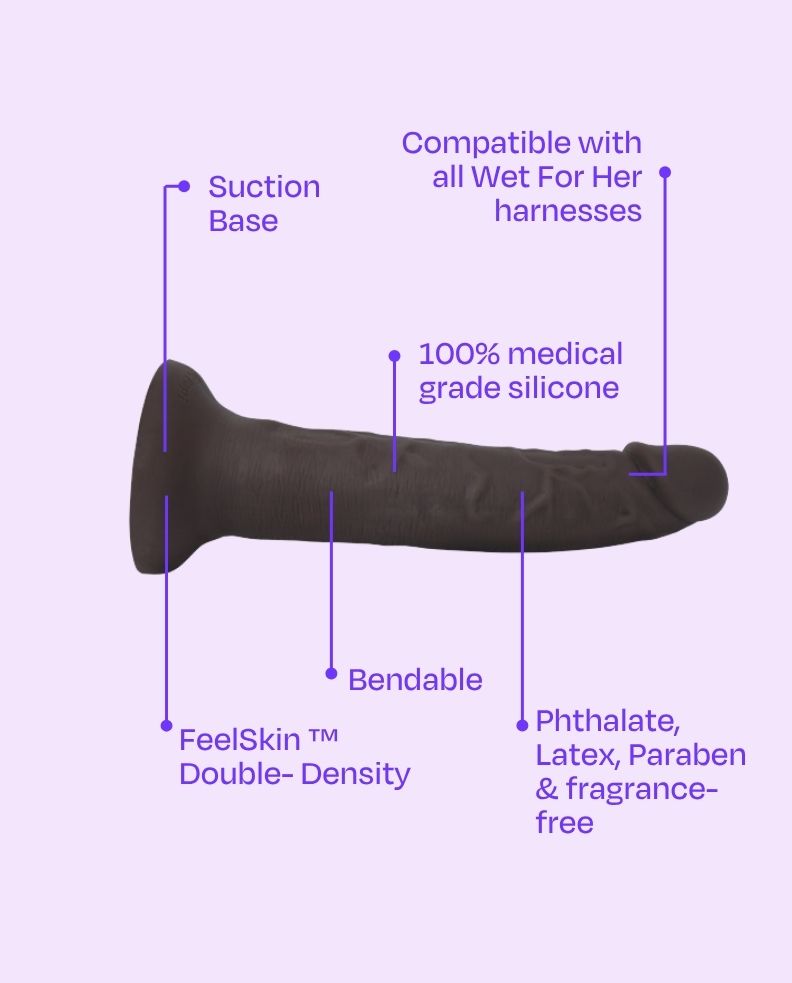 Espresso | strap-on featuring the suction base, 100% medical grade silicone, compatible with all Wet For Her harnesses, FeelSkin double-density, bendable, phthalate, latex, paraben and fragrance-free