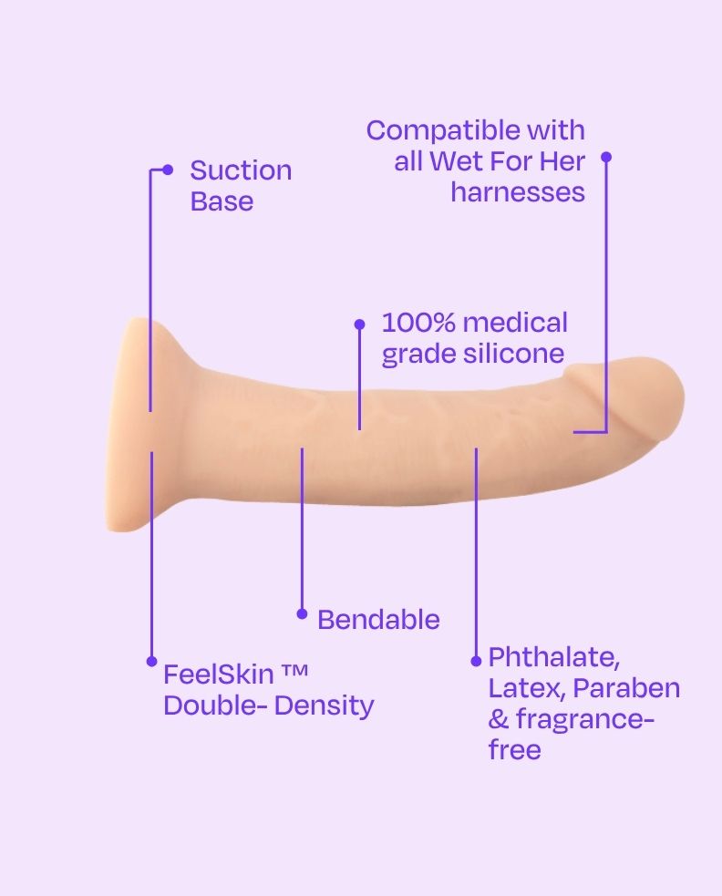 Beige | strap-on featuring the suction base, 100% medical grade silicone, compatible with all Wet For Her harnesses, FeelSkin double-density, bendable, phthalate, latex, paraben and fragrance-free