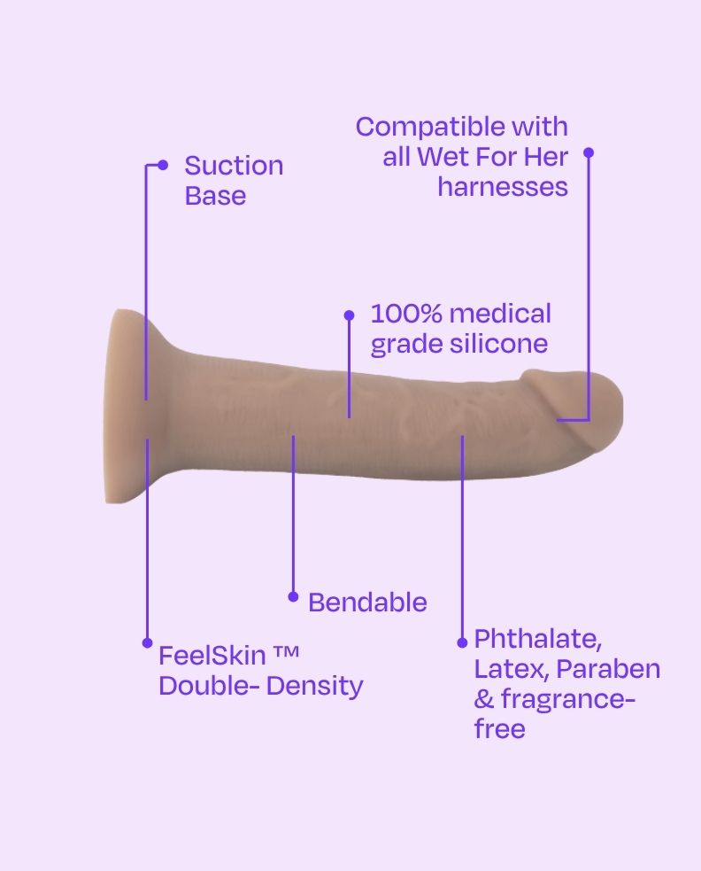 Tan | strap-on featuring the suction base, 100% medical grade silicone, compatible with all Wet For Her harnesses, FeelSkin double-density, bendable, phthalate, latex, paraben and fragrance-free