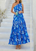 Women's Summer Floral One Shoulder Maxi Dress Knot Ruffle Boho Beach Vacation Wedding Guest Long Sun Dresses