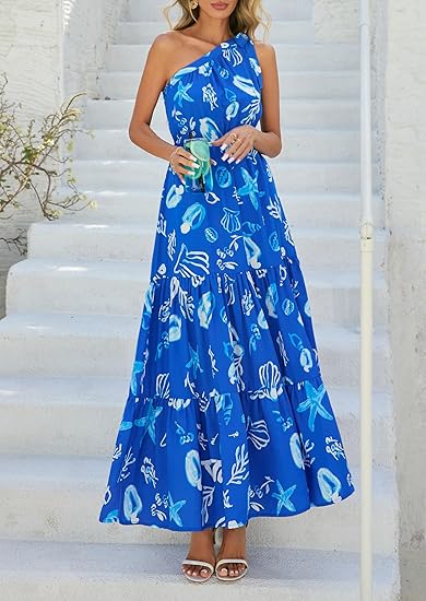 Women's Summer Floral One Shoulder Maxi Dress Knot Ruffle Boho Beach Vacation Wedding Guest Long Sun Dresses