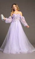 Woman in the Chicas CHF3096 long sleeve, long prom ball gown holding a silver clutch against a plain background.