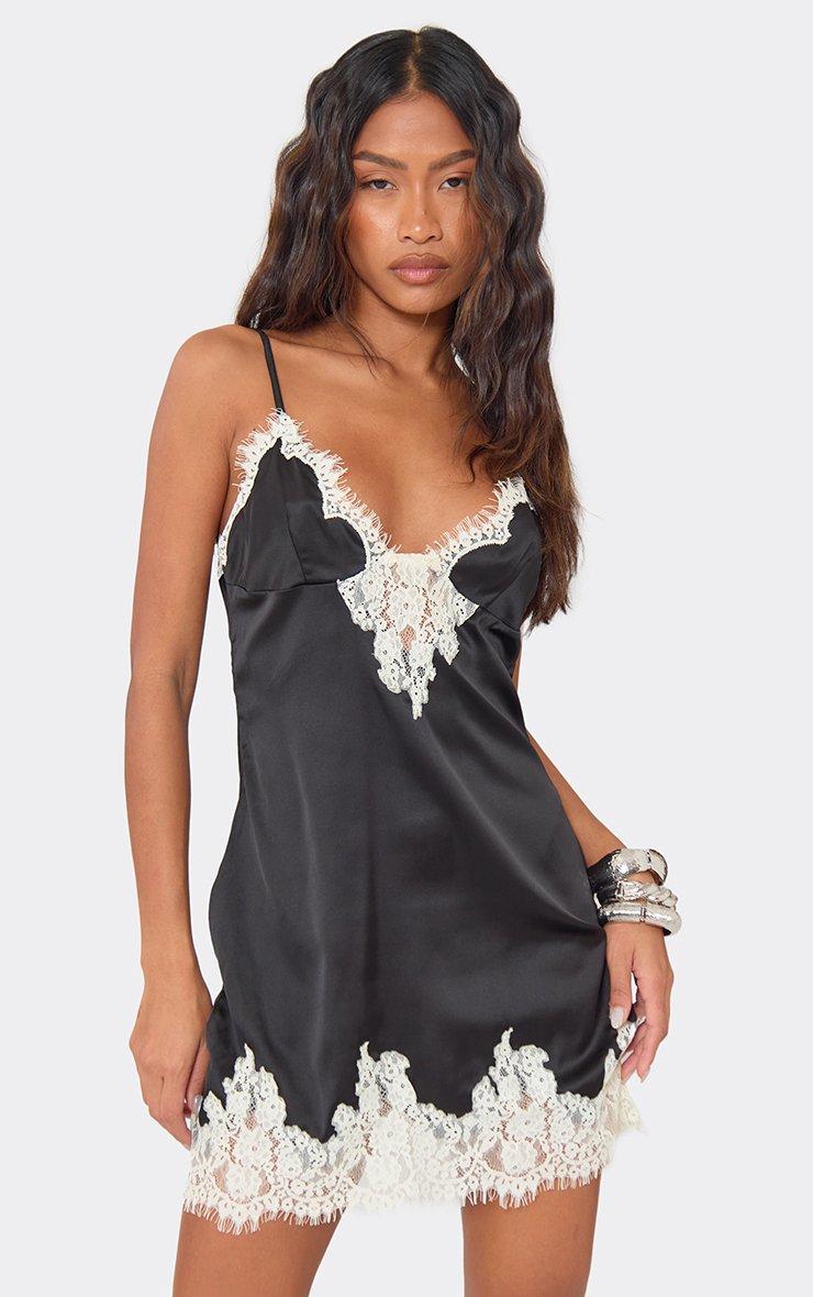 Strappy Lace Trim Detail Mini Dress In Black Satin | EGO US