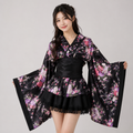 Black Red Japanese Kimono Floral Pattern Short Robe
