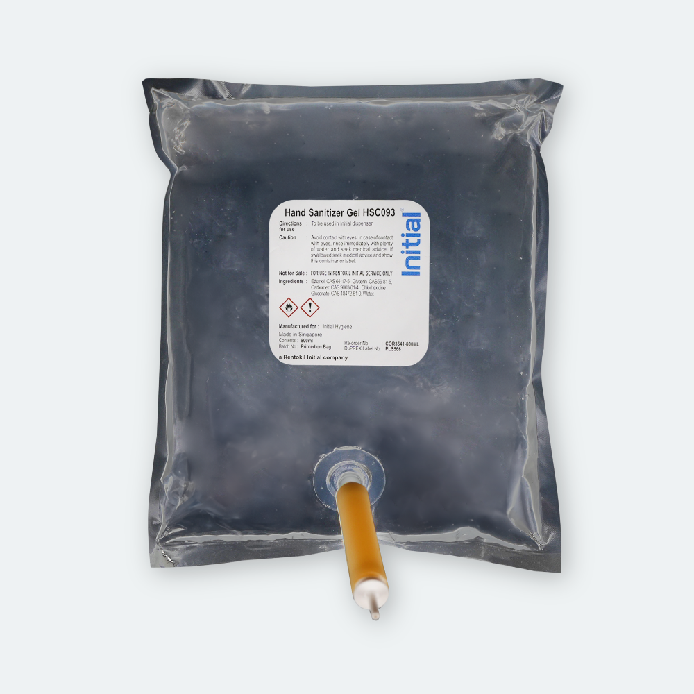 Initial 800ml Hand Sanitiser Gel pouch refill with 75% alcohol and moisturizing Aloe Vera for commercial dispensers.