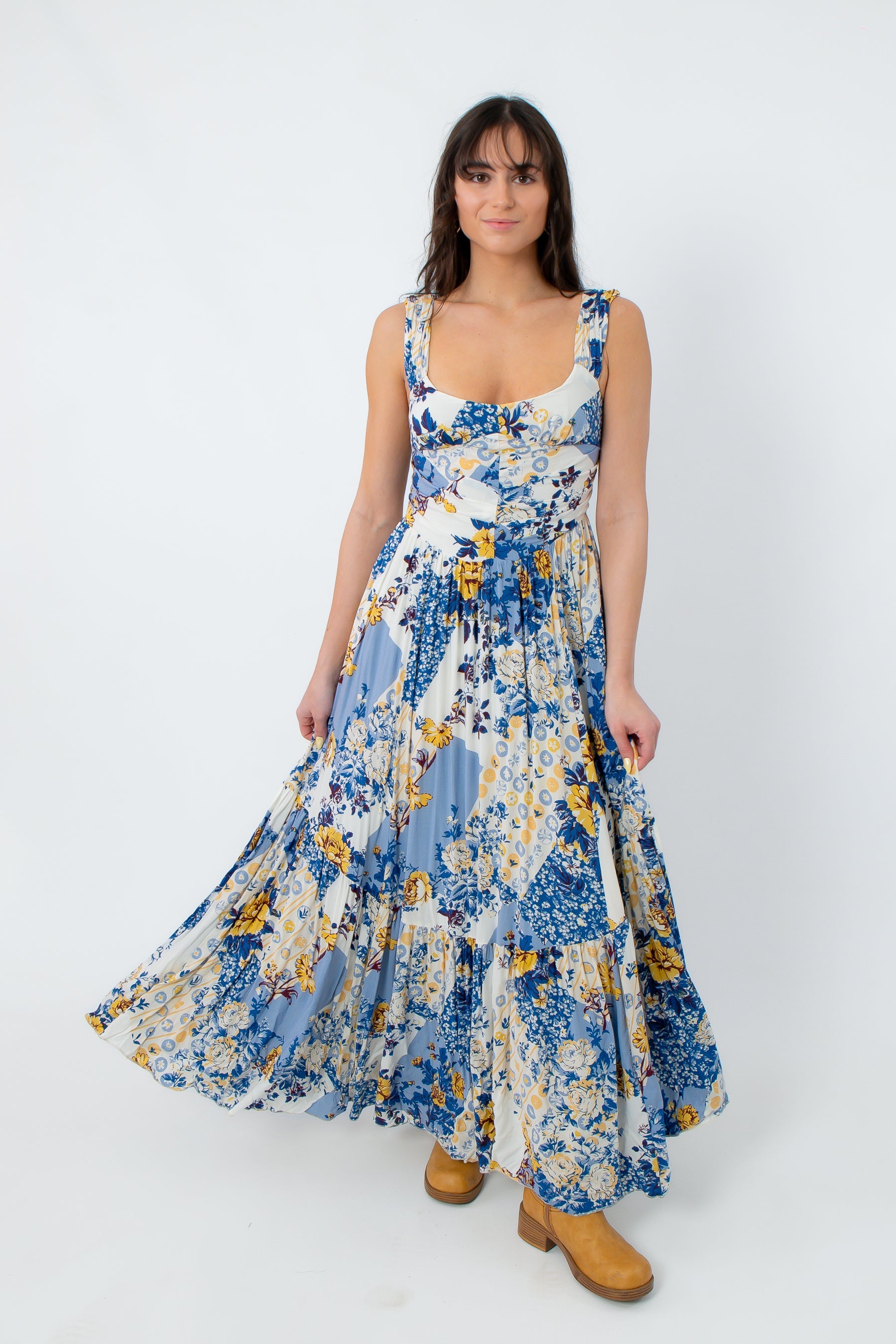 Boho floral maxi dress with blue, yellow, and white pattern