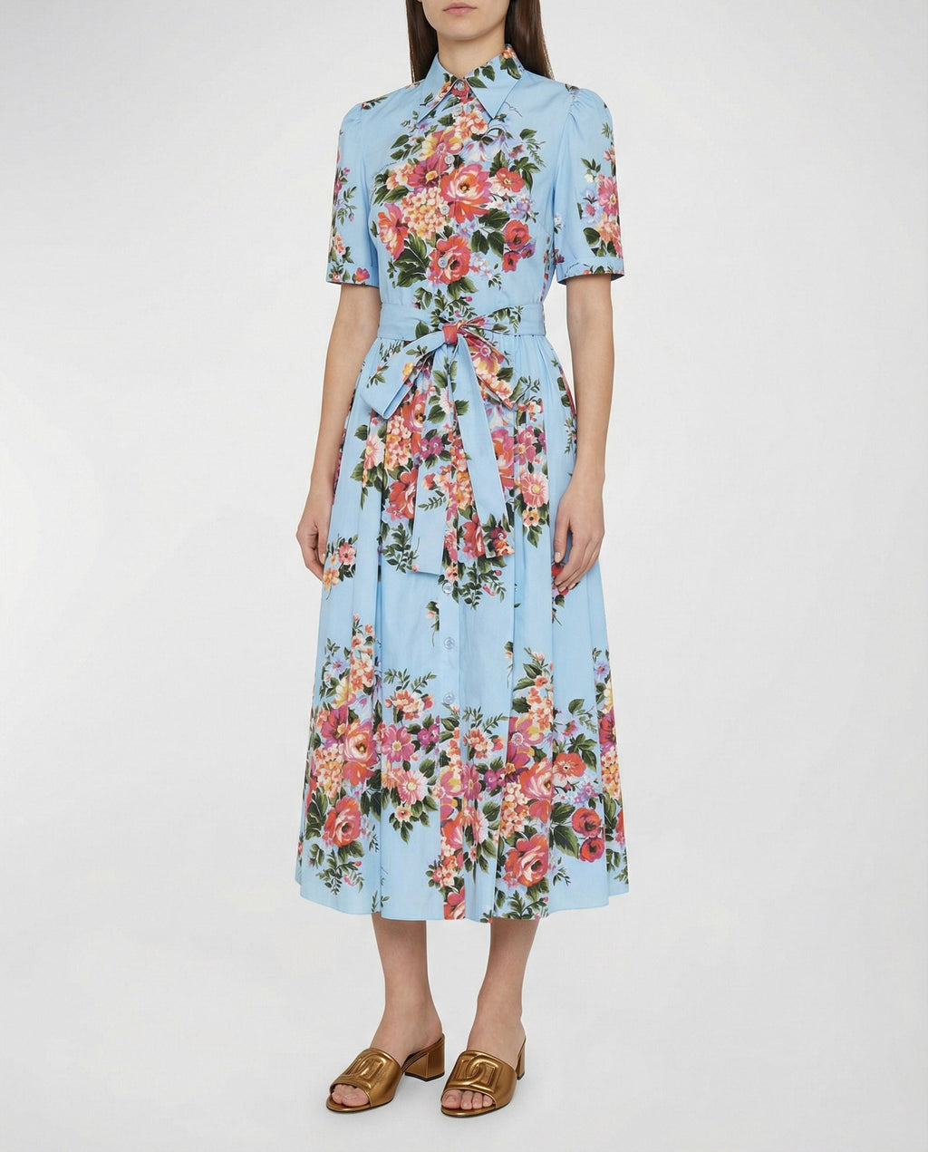 Floral belted cotton-poplin shirt dress