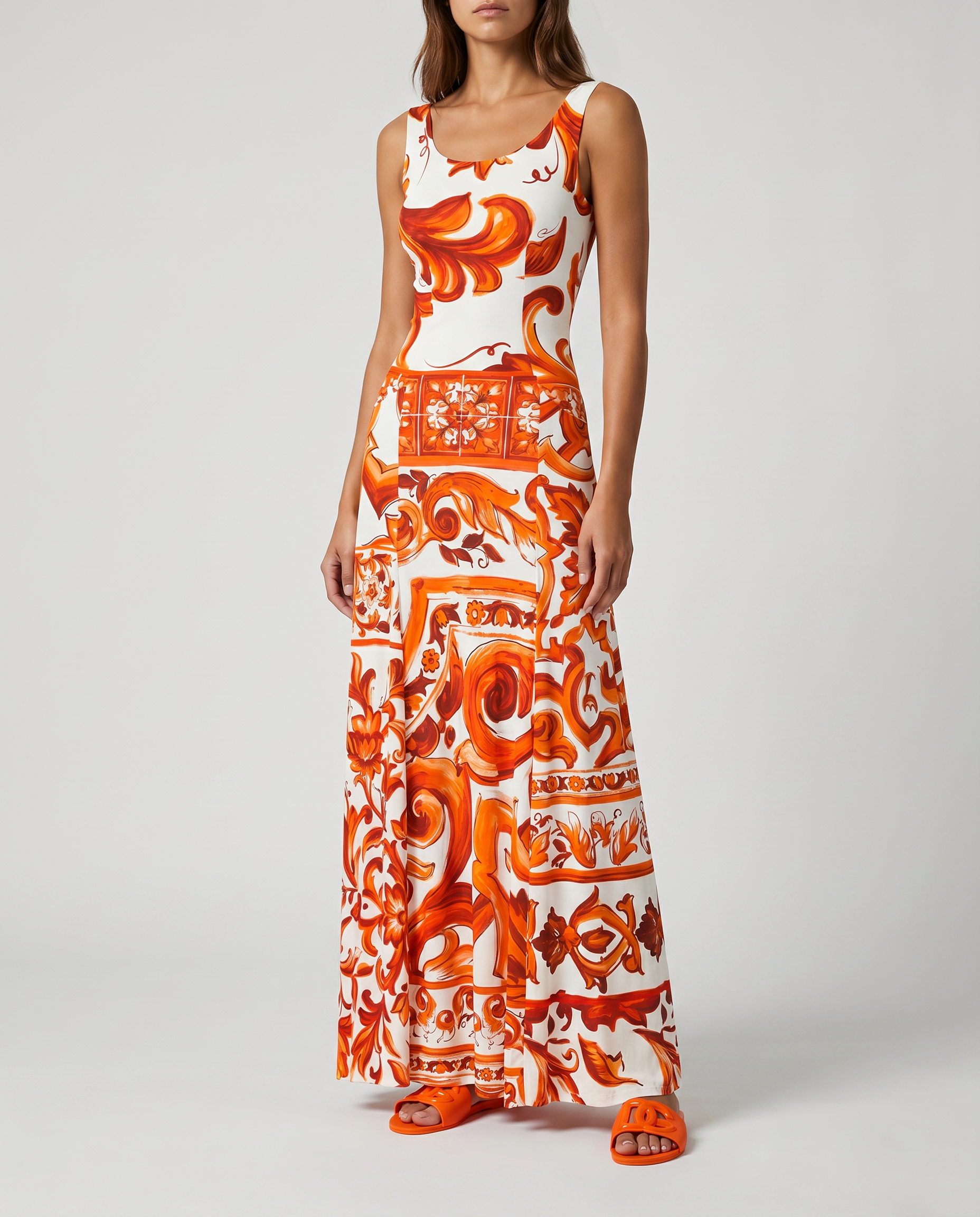 Majolica print long dress