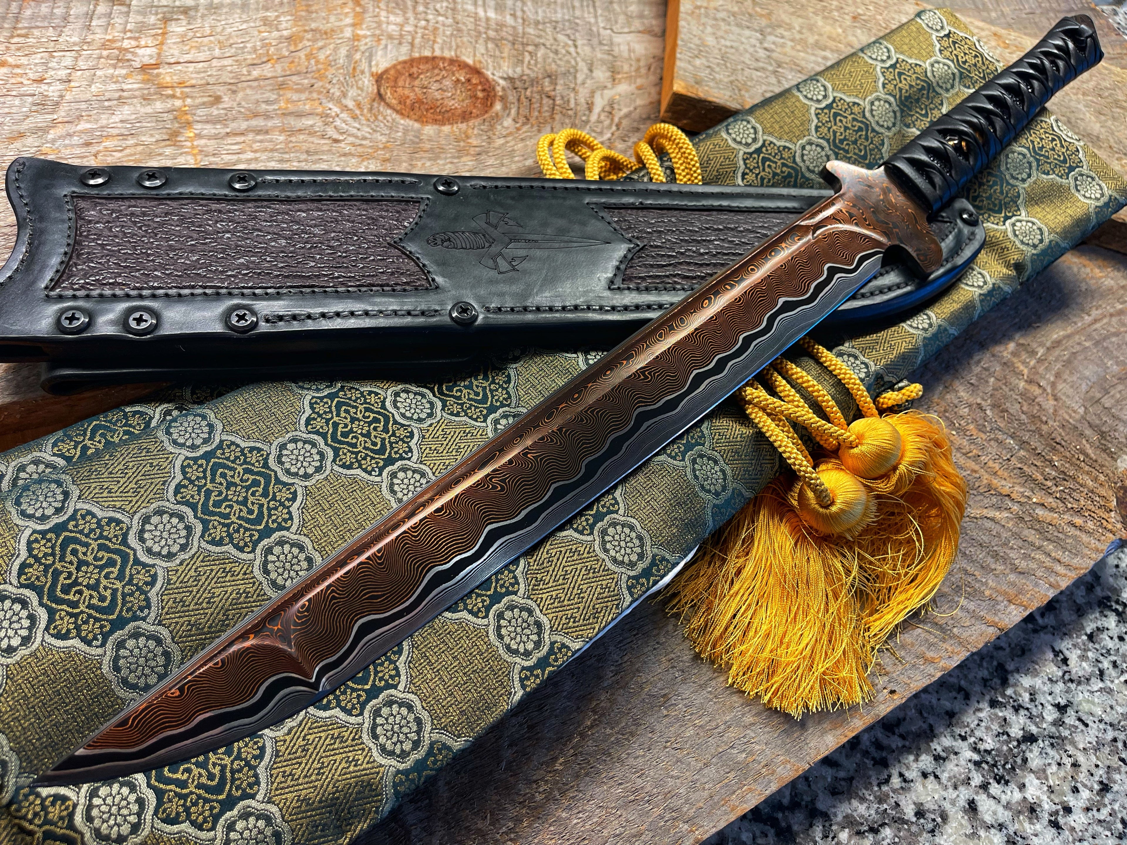 Marfione Custom Knives / JB Blades Combat Wakizashi w/ Baker Forge Riptide Damascus Ultra Star Grind & EDO Bee Menuki, Leather Wrapped Handle