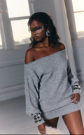 Long Sleeve Off The Shoulder Mini Dress In Grey | EGO US