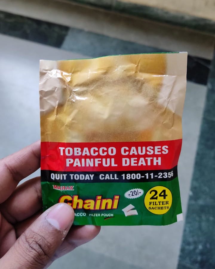 MOHFW regulations require a picture resolution of 300 dpi for tobacco  health warnings under COTPA. Look at Chaini Khaini flouting the rules  majestically! Same problem with swagat and kuber khaini too. It's
