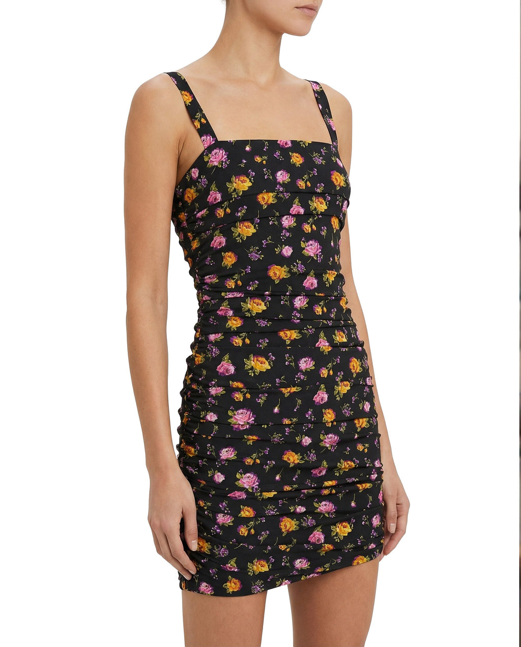 Floral print draped charmeuse short dress