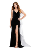 ASHLEYlauren 11527 | Black-White Velvet Gown with V-Neckline, Open Back, Satin Bow Detail, and Fitted Skirt with Sweep Train