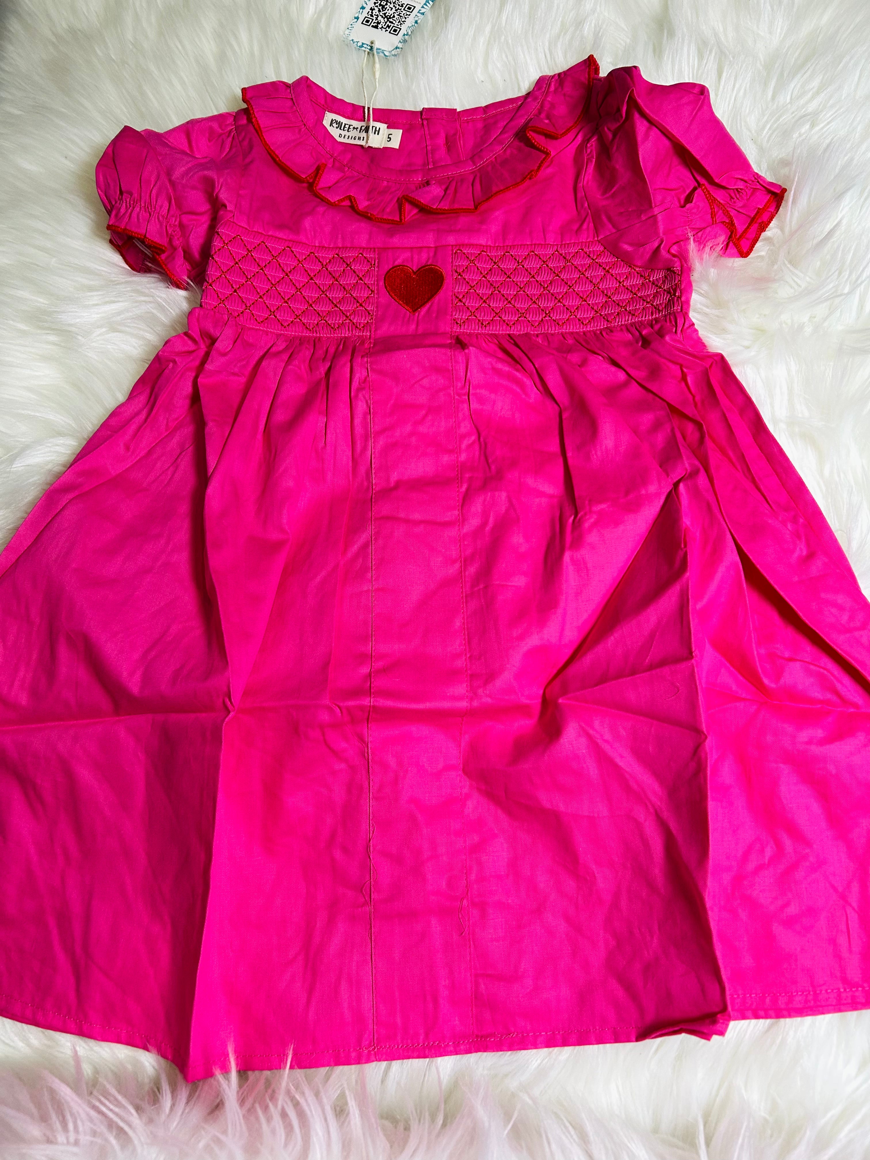 Solid pink smocked heart applique dress