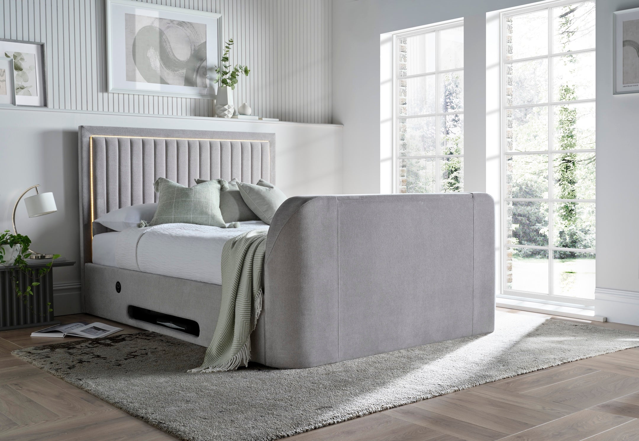 Lumas Ottoman TV Bed with Surround LED in Plush Grey
