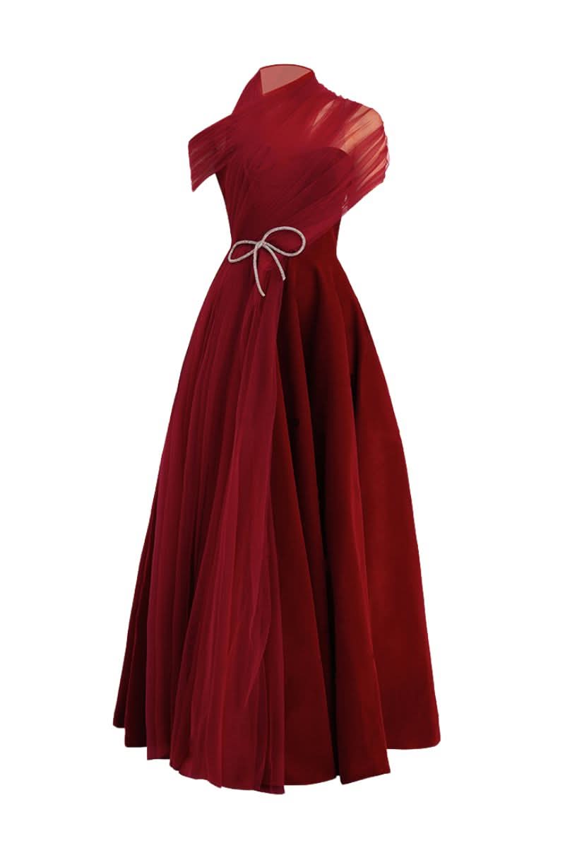 Leslie fit and flare crossover mesh taffeta midi gown by Happy Clothing, featuring elegant design and flowing silhouette.