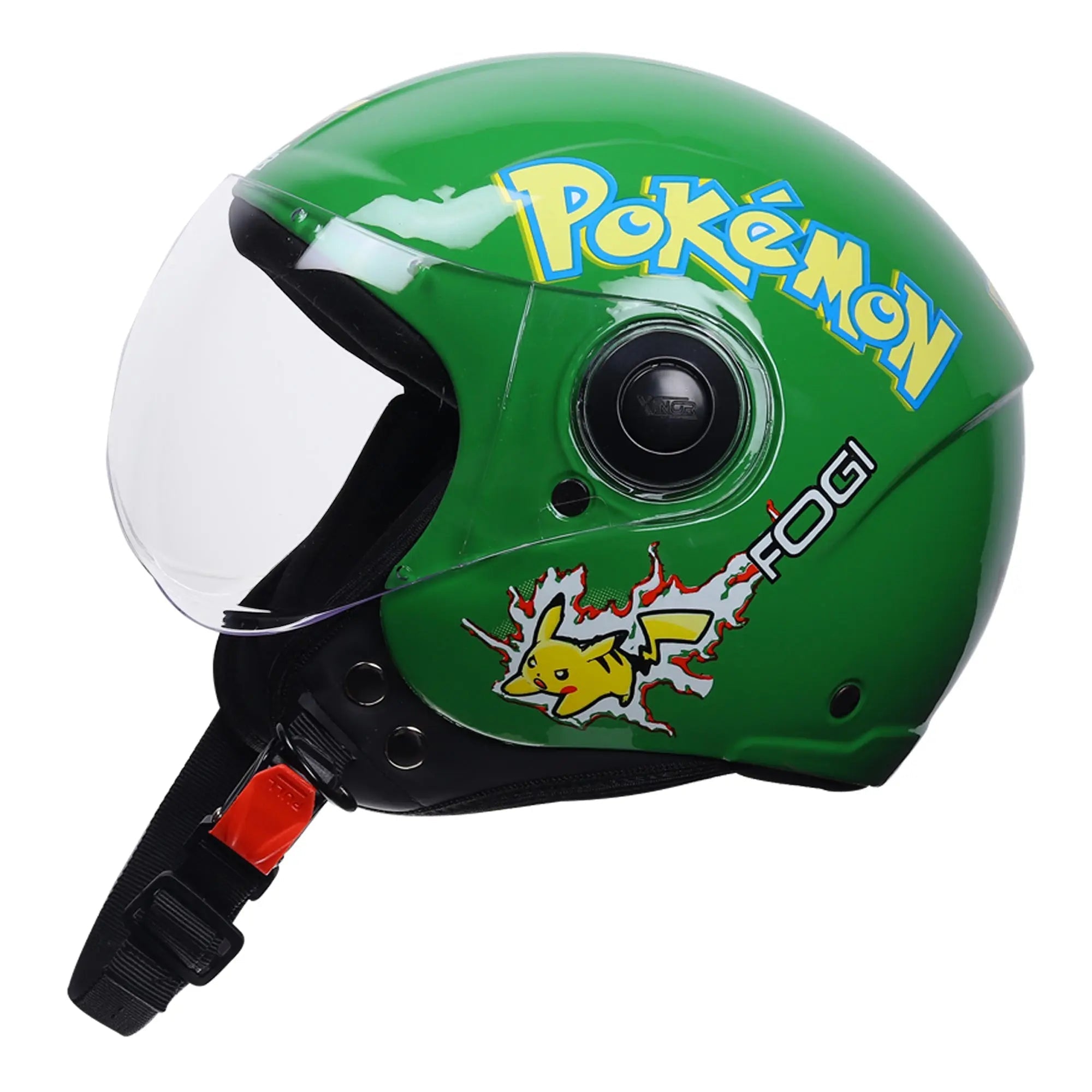 Xinor Kids' Open-Face Motorcycle Helmet – Pokémon Sticker Design (ISI Certified) - Green - Xinor Helmet