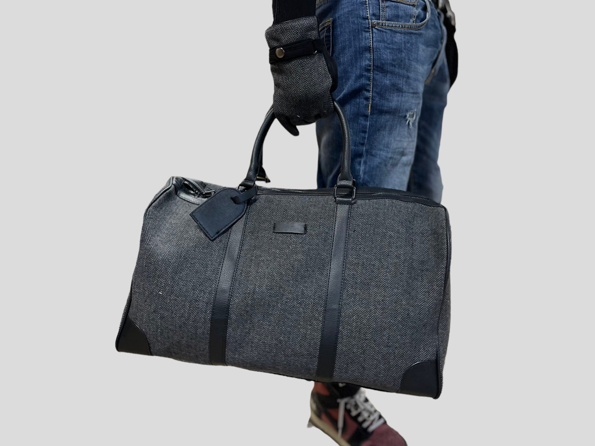 borsone quadroni elegant   weekend  in ecopelle con inserti in lana