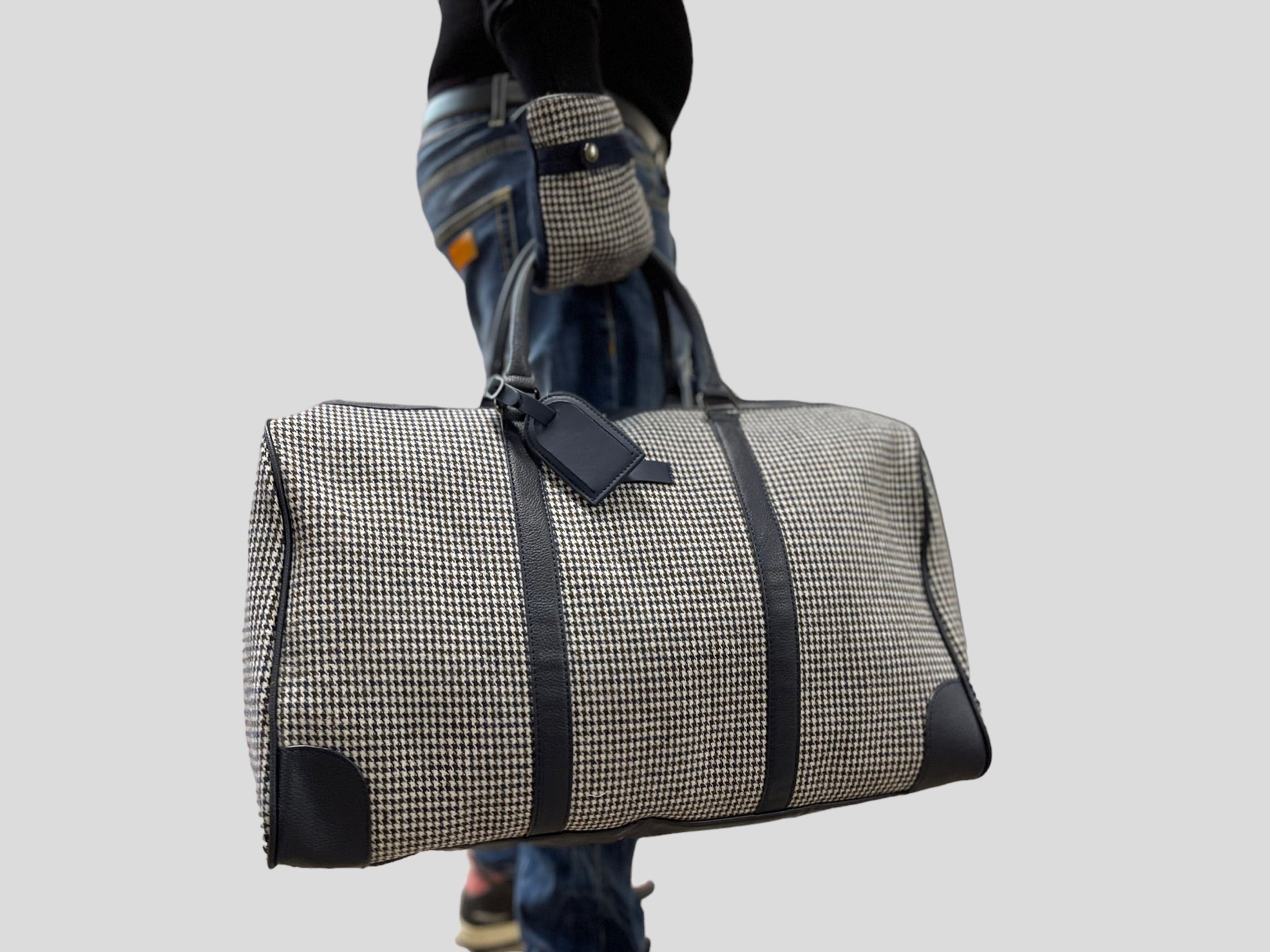 borsone quadroni elegant   weekend  in ecopelle con inserti in lana