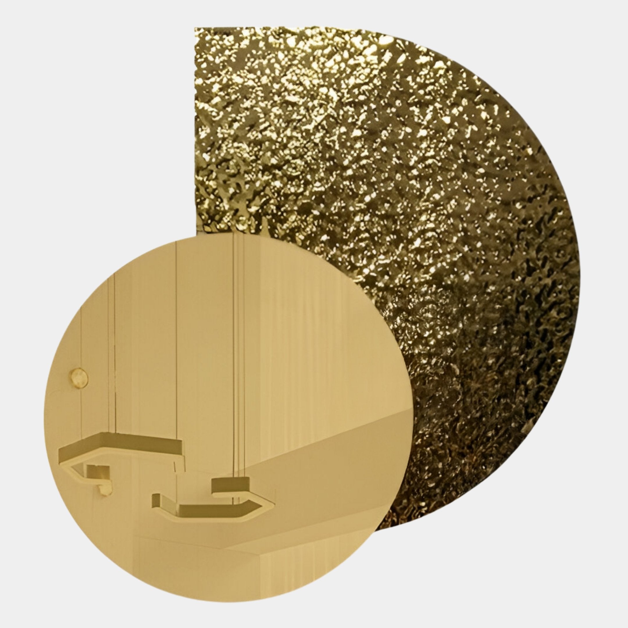 Aurargent Gold Textured Round Mirror 3D Wall Art by Giant Sculptures features two overlapping circles: a large, gold textured metallic back and a minimalistic gold-toned ceiling with pendant lights, all set against a plain white background.