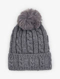 Bonnet en maille tressée à pompon - Gris foncé - 1